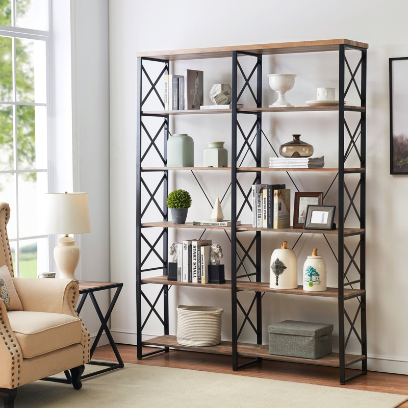 Khajag Double Wide 6-Tier Etagere Bookcase Vintage Industrial Large Shelves for Home Decor Display