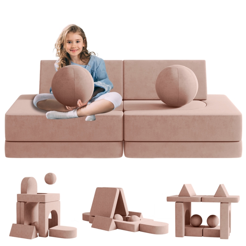 Kids Couch 10pcs with 2 Balls and Tunnel, Toddler Sofa Kids Fold Out Couch for Playroom Bedroom