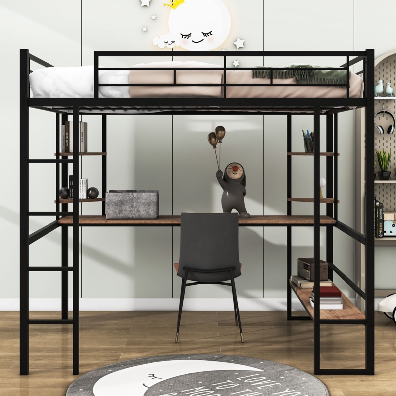 Kids Full Metal Loft Bed with Wooden Desk and Shelves