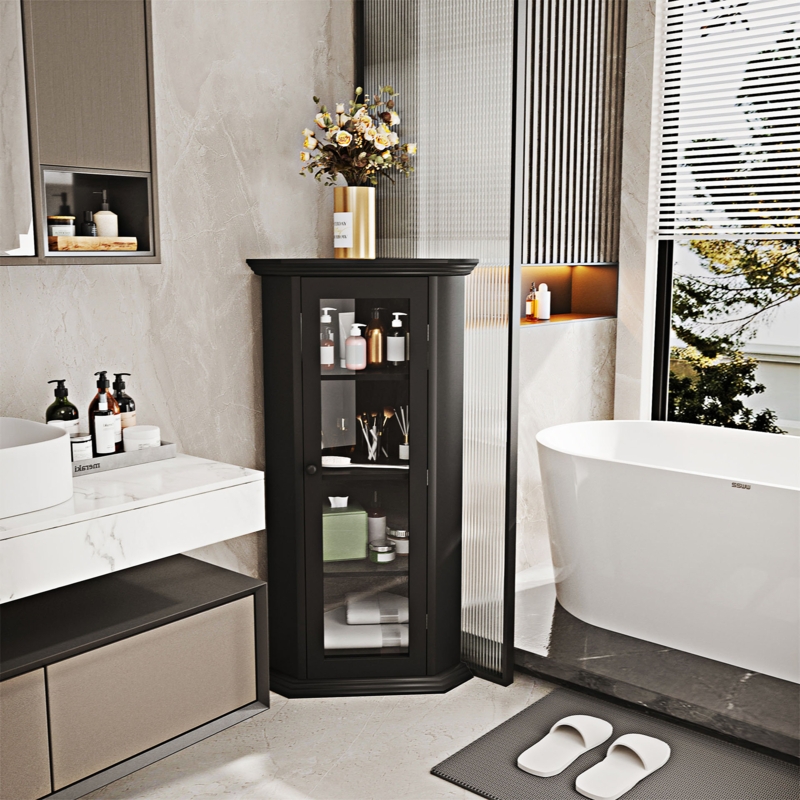 Koryn Modern Bathroom Cabinet Corner Storage Cabinet with Glass Door