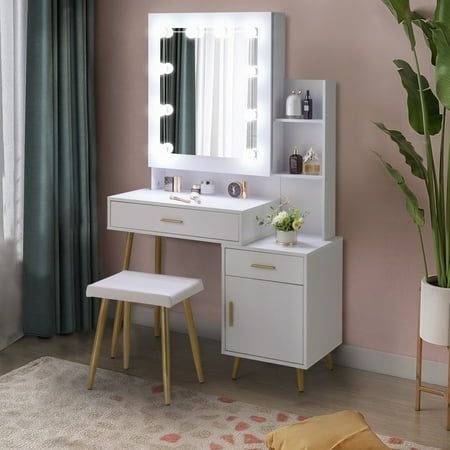 Ktaxon Lighted Makeup Vanity Table Set, Dressing Table with Sliding Mirror, Vanity Desk , White, Size:2 in