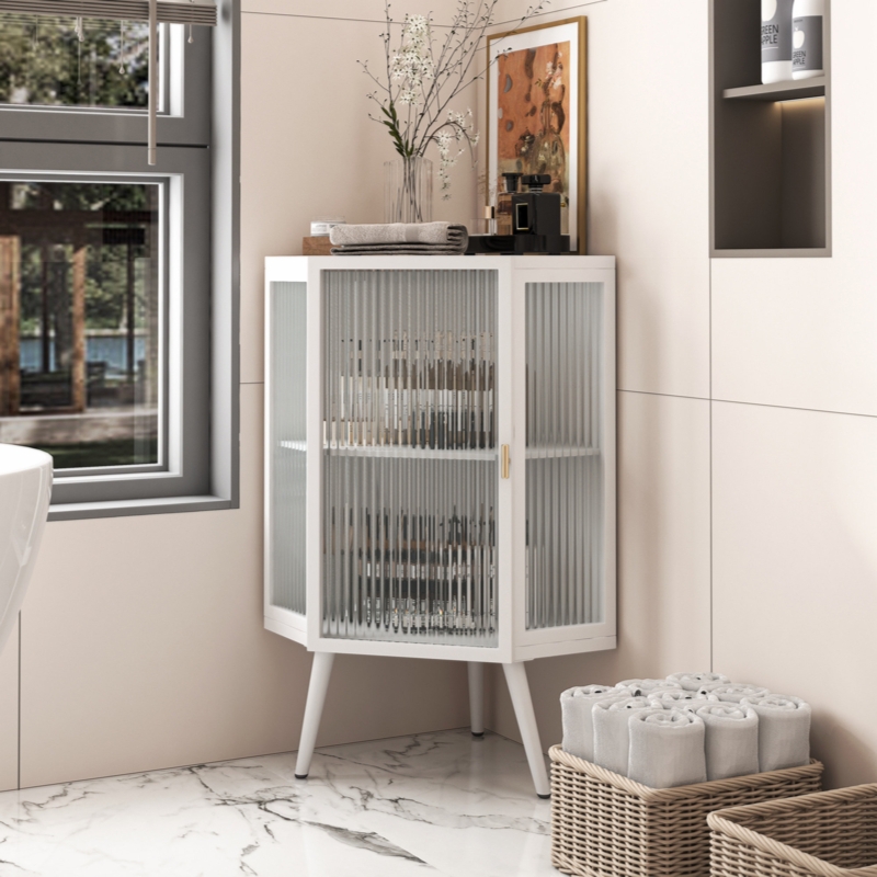 Lanaysia 22.25" Glass+Metal Floor Coner Cabinet with Storage Shelves Tempered Glass Door