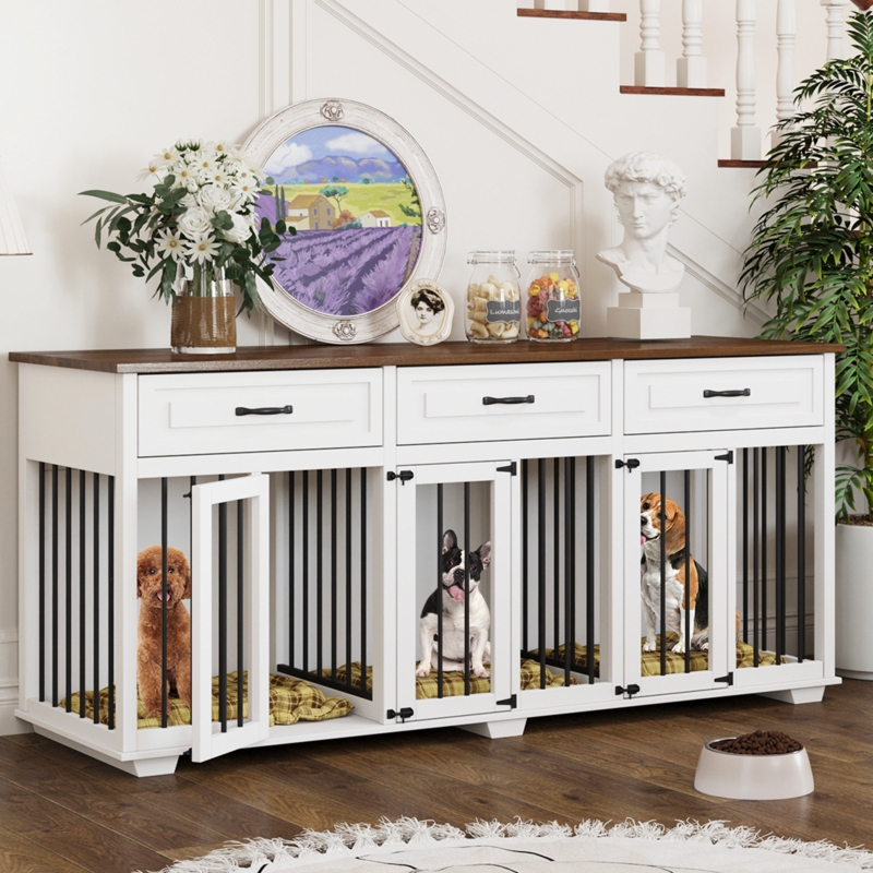 Large Dog Crate Furniture With 3 Drawers And 2 Dividers