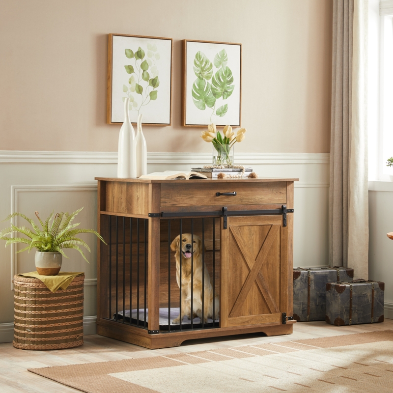 Large Dog Crate Furniture With Barn Door And 1 Drawer