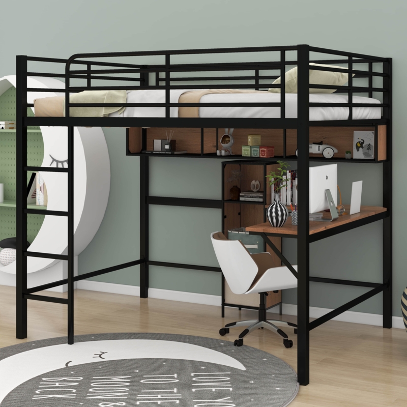 Leeming Full Size Metal & Wood Loft Bed with L -shaped Desk and Shelves