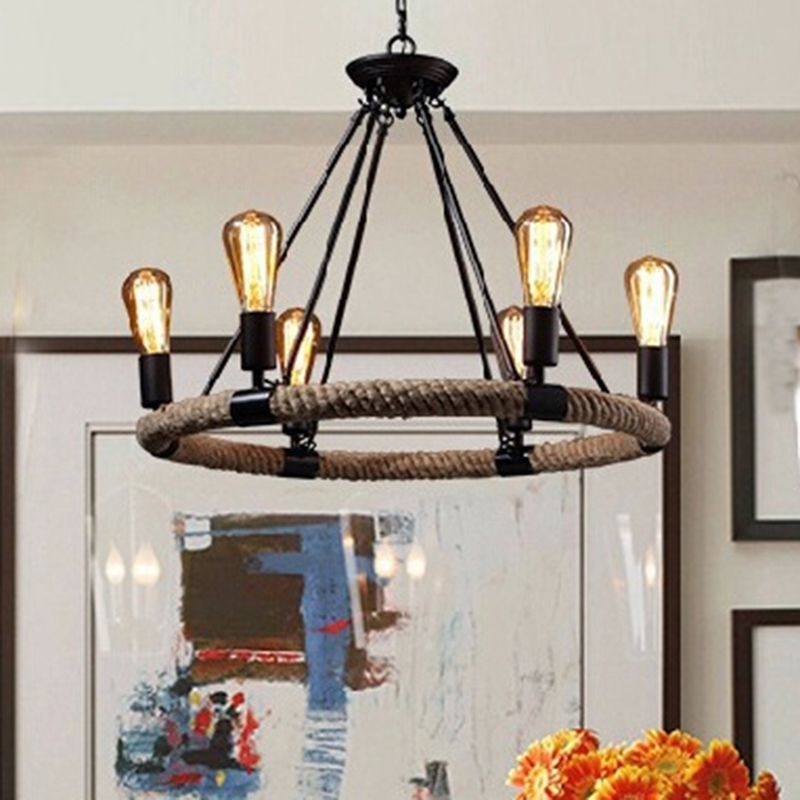 Loop Shaped Restaurant Chandelier Lamp Country Hemp Rope Black Hanging Ceiling Light - 14-Light / Black