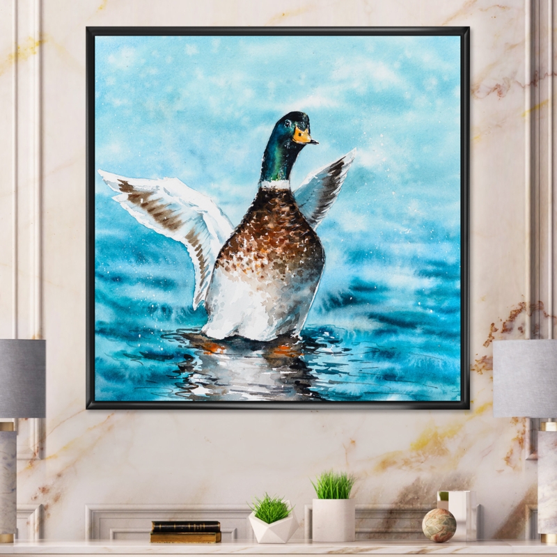 " Mallard Duck Stretching Its Wings " Painting Print on Canvas