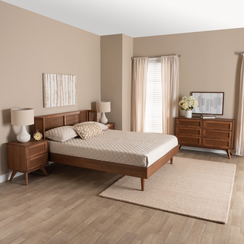 Mid-Century Modern Ash Walnut Finished Wood 4-Piece King Size Bedroom Set With Synthetic Rattan