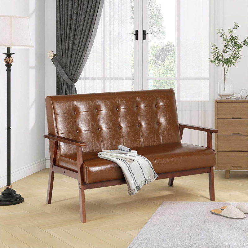Mid-century Modern Solid Loveseat Sofa Upholstered Faux Leather Couch 2-seat