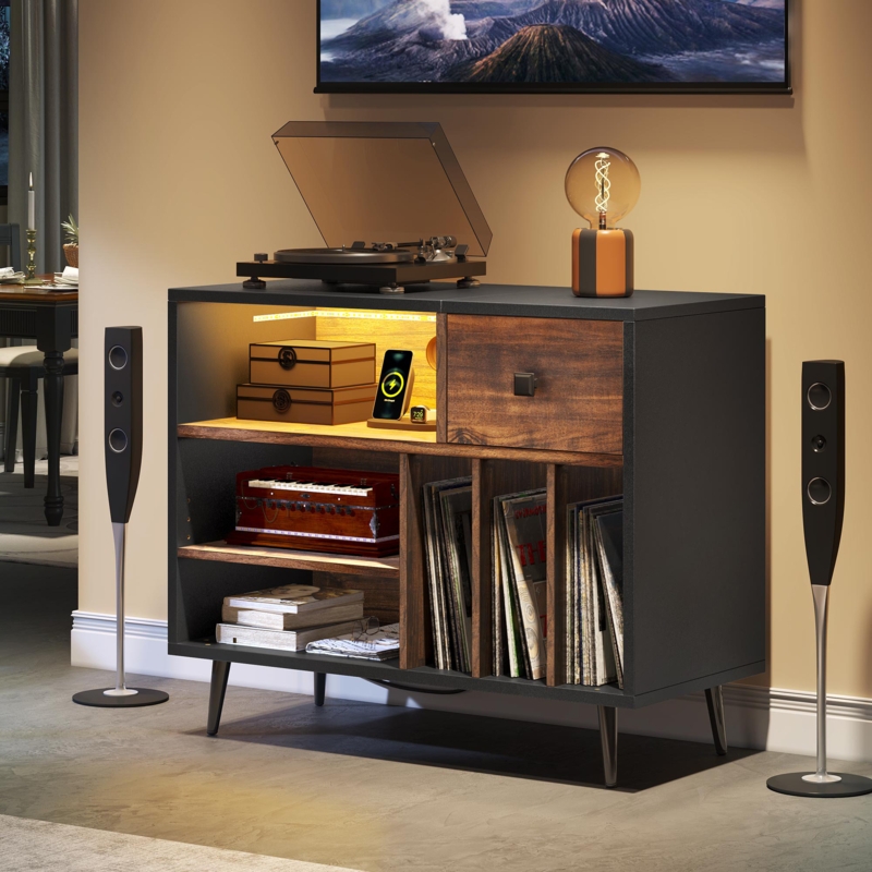 Midkiff Record Player Storage Cabinet Table Stand with Power Outlets u0026 LED Light