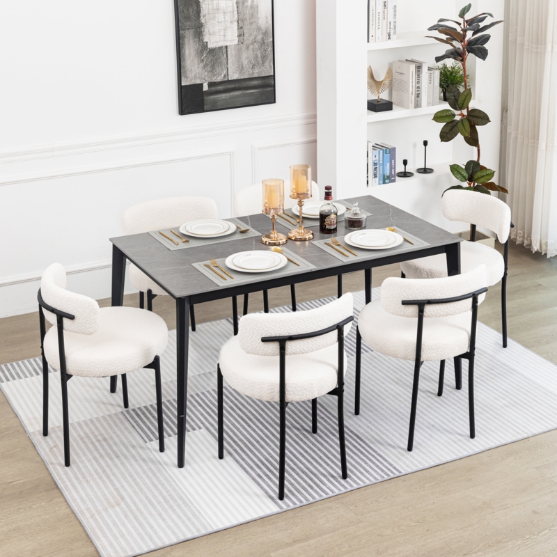 Modern Accent Chair, Upholstered Dining Chairs Set Of 6, Short Plush Fabric, Armless Dining Chair With Backrest, Sherpa Chair For Dining Room, Kitchen, Living Room, Black Metal Legs