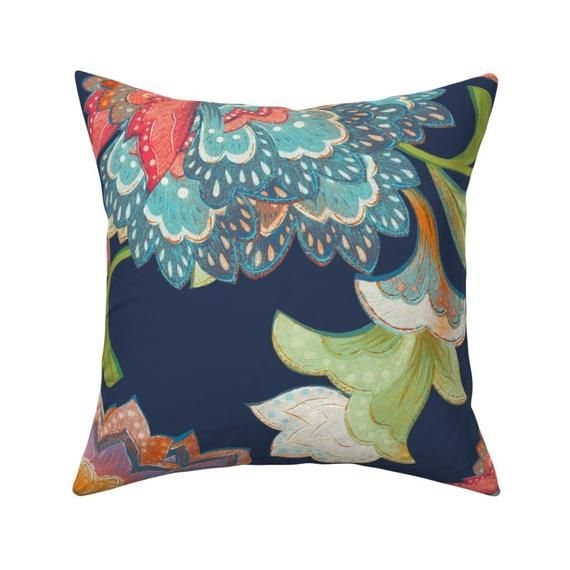 Modern Chintz Throw Pillow - Chintz Navy  by chicca_besso - Pink Green Blue  Large Scale Flowers 18"