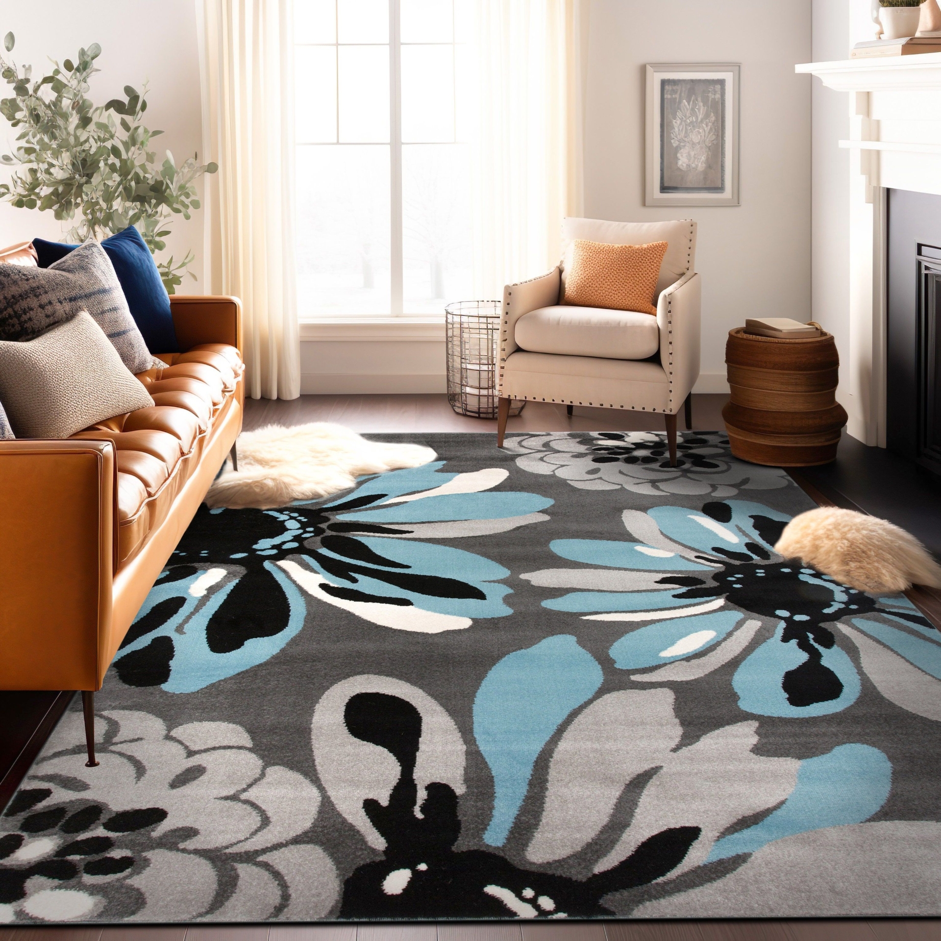Modern Flowers Blue Area Rug - Colorful Flowers Carpet - Abstract Decorative Living Room Rug - Floral Patterned Blue Rug - Various Size