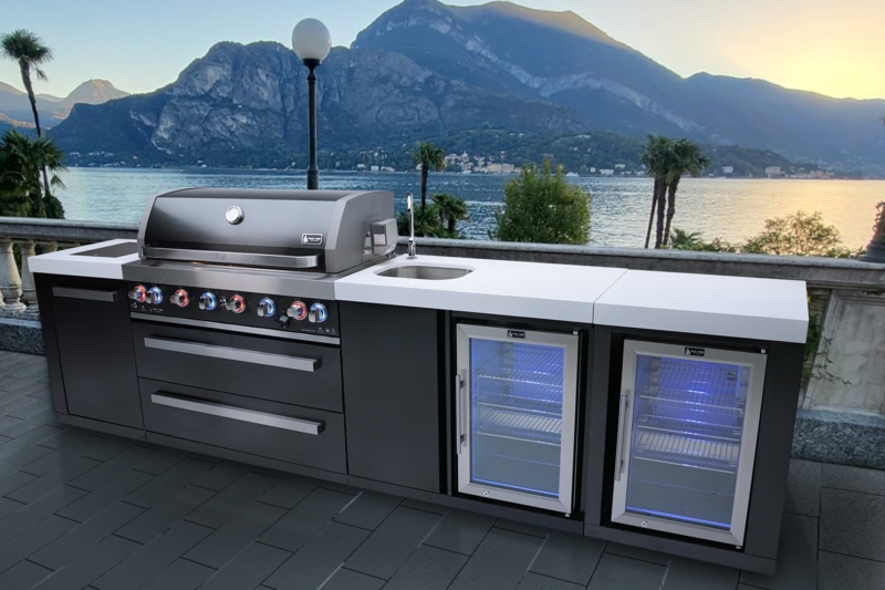 Mont Alpi 6-Burner Black Stainless Steel Outdoor BBQ Island Grill + Beverage Center + Fridge Cabinet
