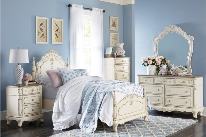 Morganica Antique White Youth Panel Bedroom Set Twin 3 Piece: Bed, Dresser, Mirror