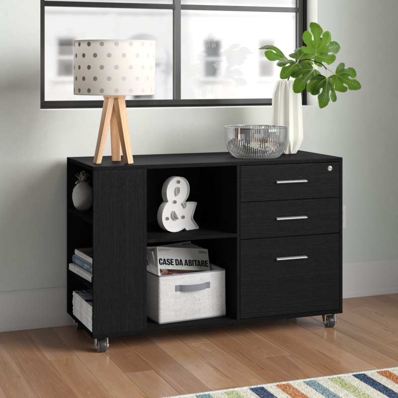 Morin 39" W 3-Tiers Wood Storage File Cabinet with 3 Drawers u00263 Side Storage Shelve u0026Casters