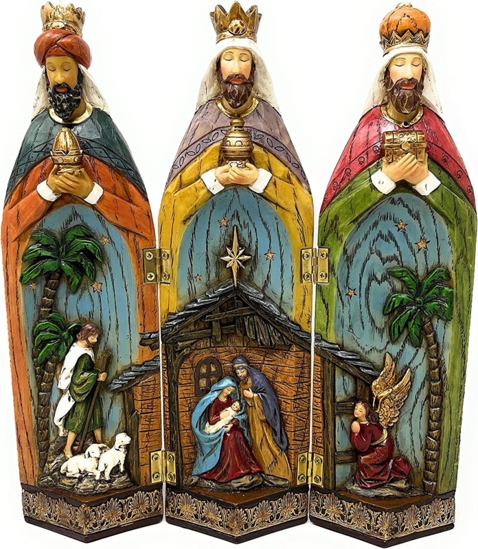 Nativity 3 Kings Wise Men Tri-Fold Nativity Scene Christmas Table Dcor, Hand Painted (11" H X 9.6" W X 1.7" D)
