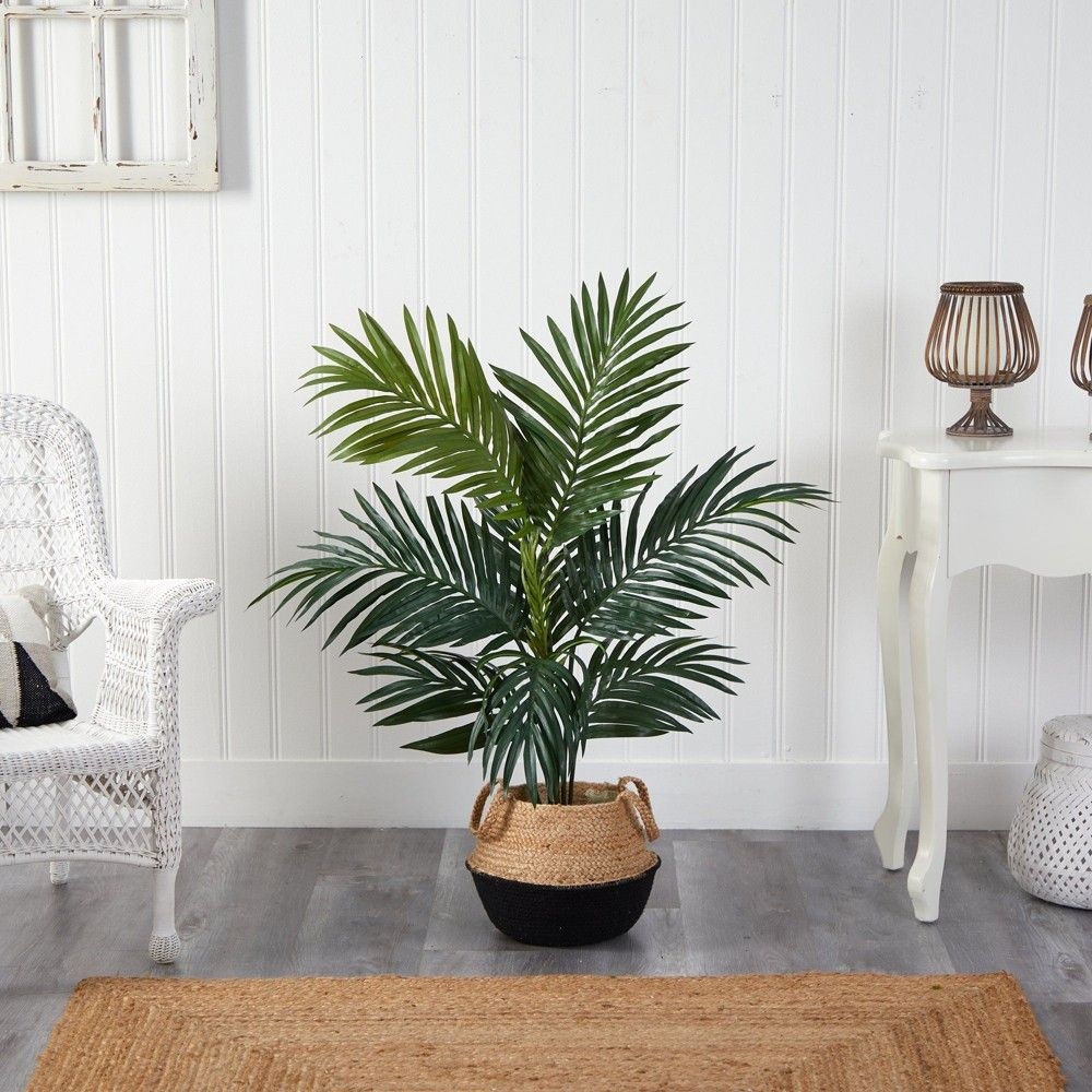 Nearly Natural 4-ft Kentia Palm Artificial Tree in Boho Chic Handmade Cotton & Jute Black Woven Planter