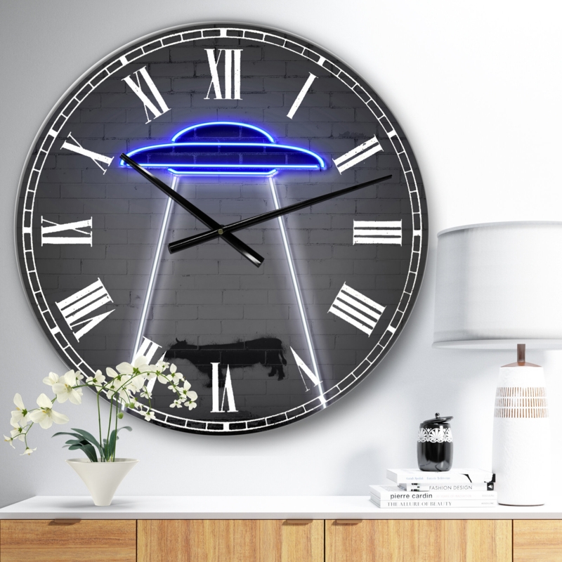 Neon UFO Abducting Cow - Oversized Modern Wall Clock