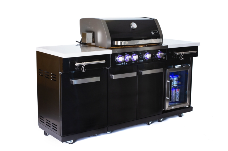 NEW MODEL Mont Alpi 5-burner Black Stainless Steel Outdoor Kitchen Island Gas Grill + Fridge Cabinet
