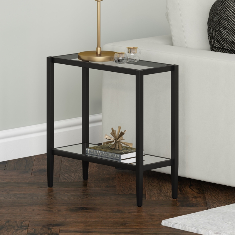 Nicasio Antique Brass Rectangular Side Table With Mirrored Shelf