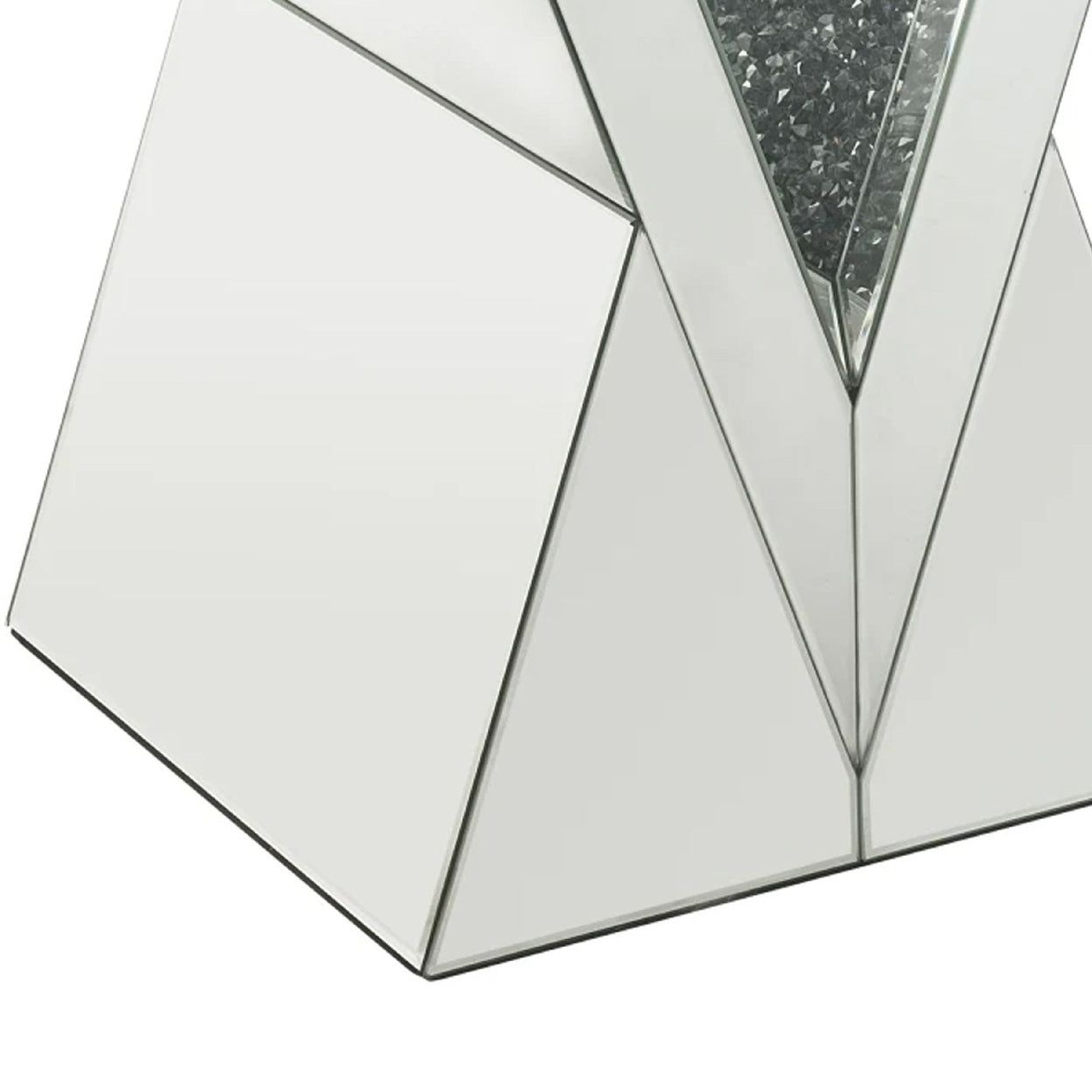 Noe 24 Inch Mirrored End Table, V Pedestal Base, Faux Diamond, Silver - Saltoro Sherpi