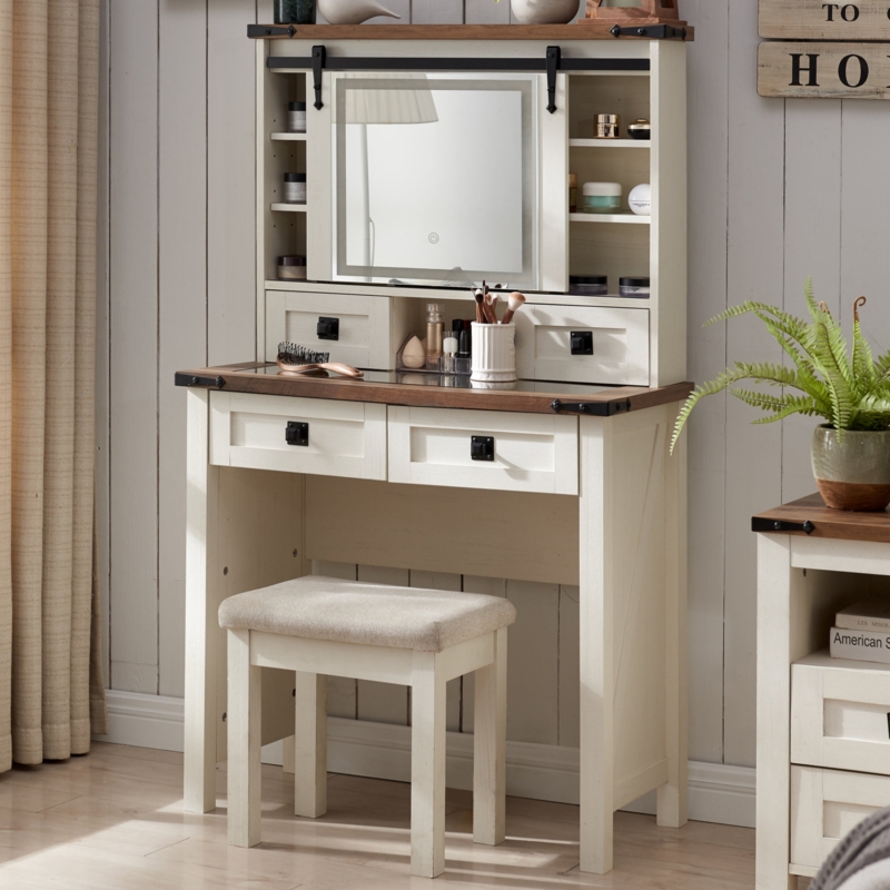 Norham Farmhouse Makeup Vanity with Glass Tabletop & Sliding Mirror with LED Lights, 3 Light Modes