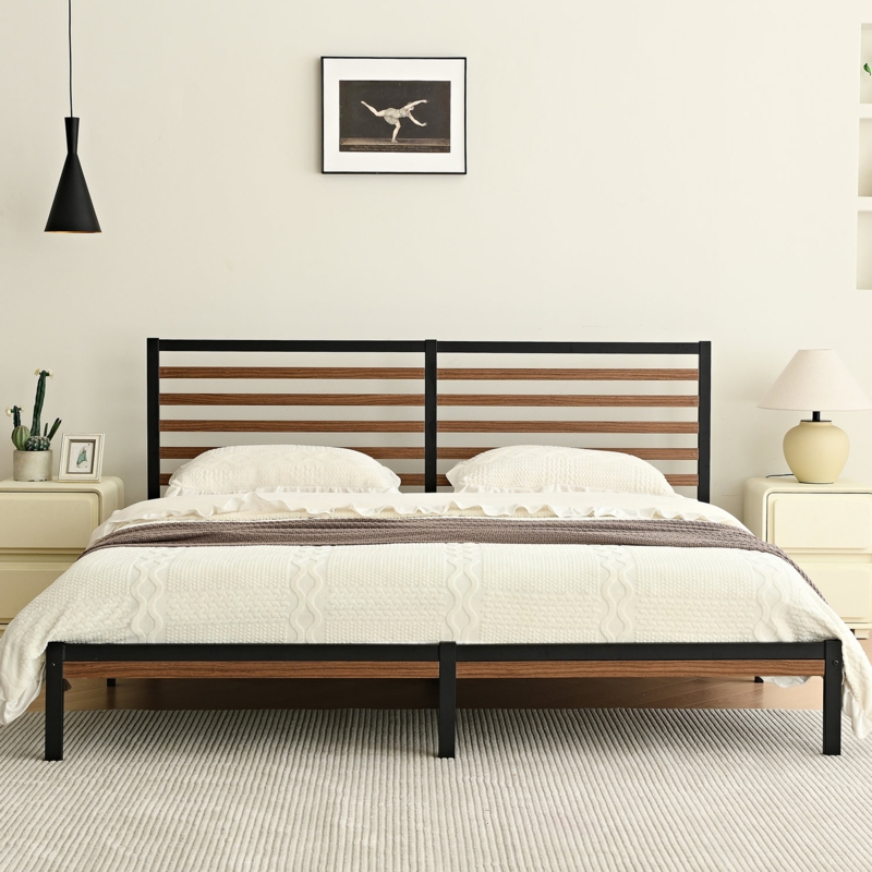 Orv Metal Platform Bed With Middle Wooden Slat Headboard