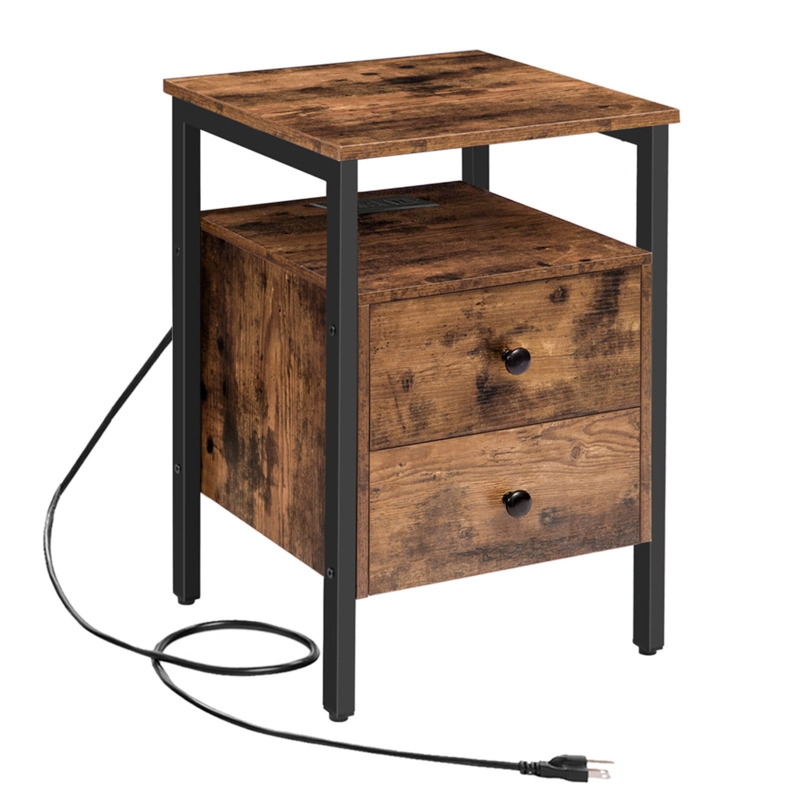 Pake 2 - Drawer 23.6" Tall Iron Nightstand with Storage and Built-In Outlets
