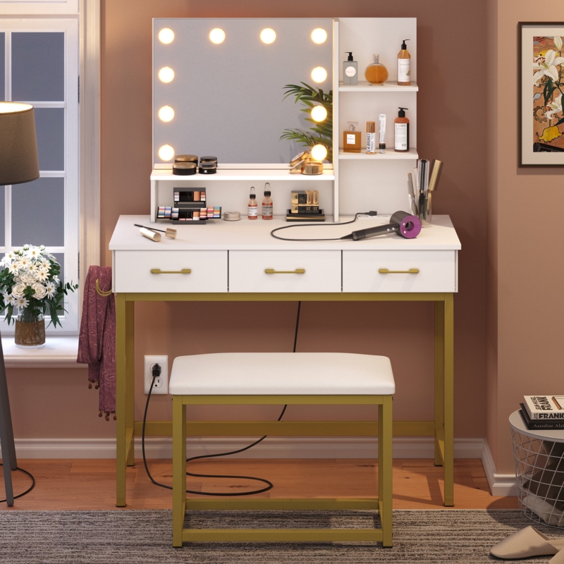 Paradis 39.4" Makeup Vanity with USB Power Outlet & 2 Adjustable Hooks