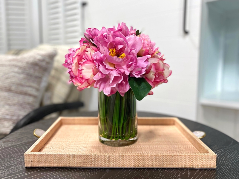 Peonies Arranged in Glass Vase with Grass