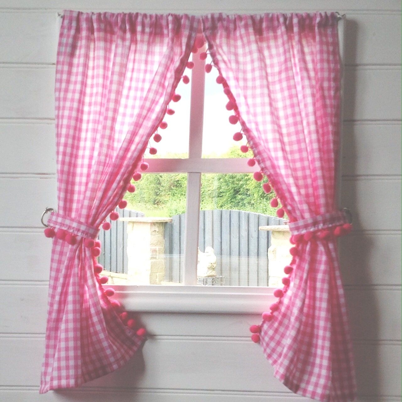 Pink Gingham Pom Pom Playhouse Curtains