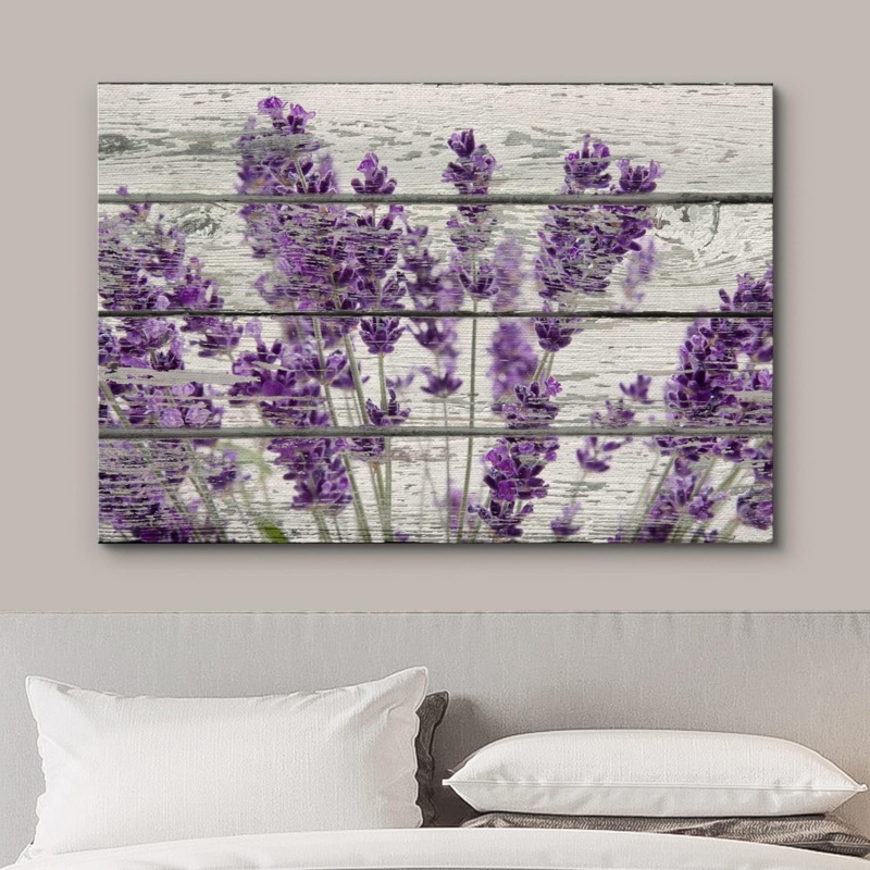 Purple Lavender Flowers On Wood Effect Background Retro Rustic Large Pictures Canvas Print Wall Art