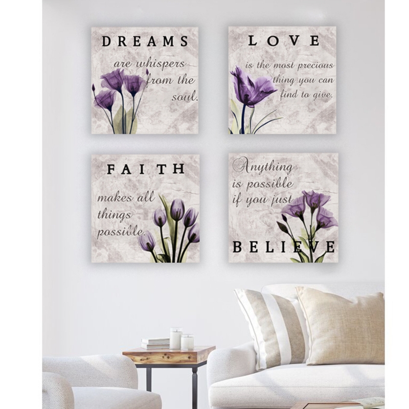 Purple Tulip Bathroom Decor - 4 Piece Wrapped Canvas Print Set on