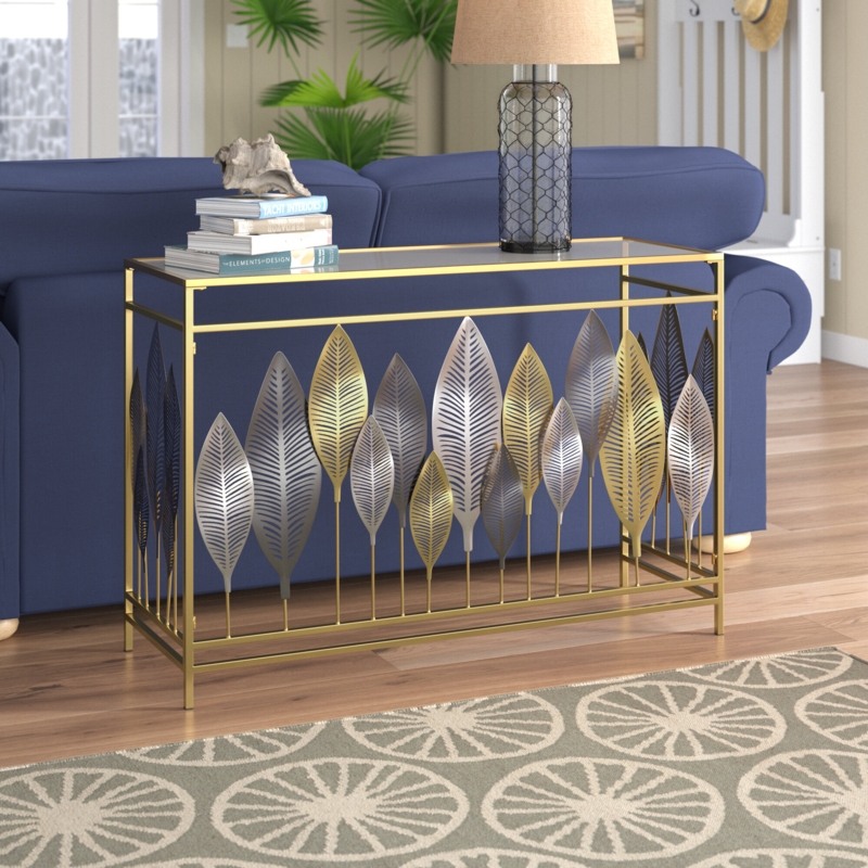 Ravenden Metal Leaf Console Table with Mirrored Glass Top 44" x 16" x 30"