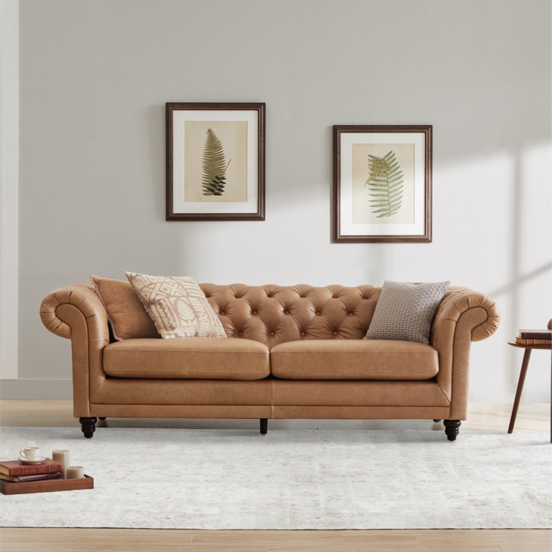 Rawlins 92.9'' Genuine Leather Tufted Rolled Arm Sofa