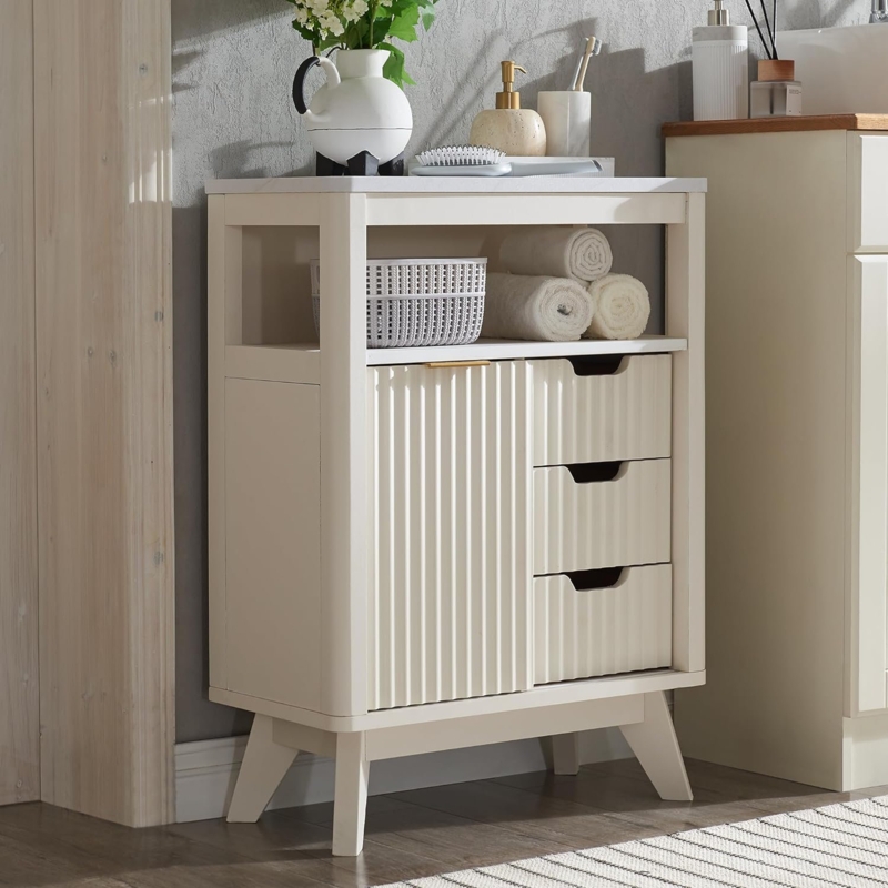 Rayleigh Fluted Bathroom Floor Cabinet w/Sliding Door, Modern Storage Organizer, Faux Marble Top