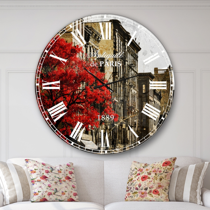 Red Tree on Black and White New York City Street - Industrial wall clock
