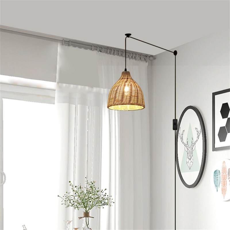Retro Plug in Rayon From Bamboo Woven Pendant Light
