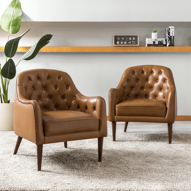 Rooshi 28.5" Wide Genuine Leather Barrel Chair (Set of 2)