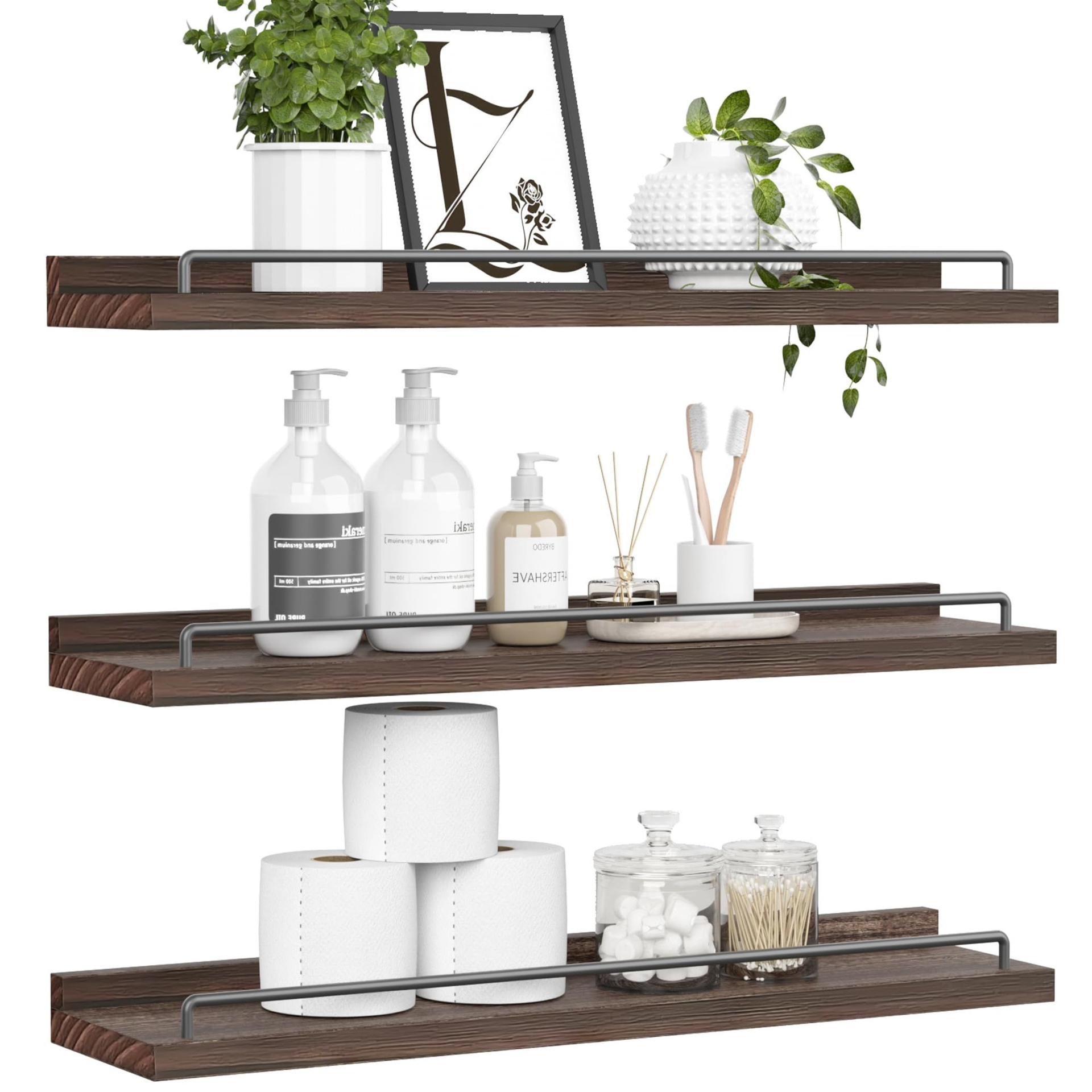 RYOFOBETTO 22 inches Long Floating Shelves, Bathroom Decor Shelves Over Toilet, Farmhouse Wall Shelves for Living Room, Bedroom, Picture Frames, Plants, Kitchen, Set of 3 (Brown)