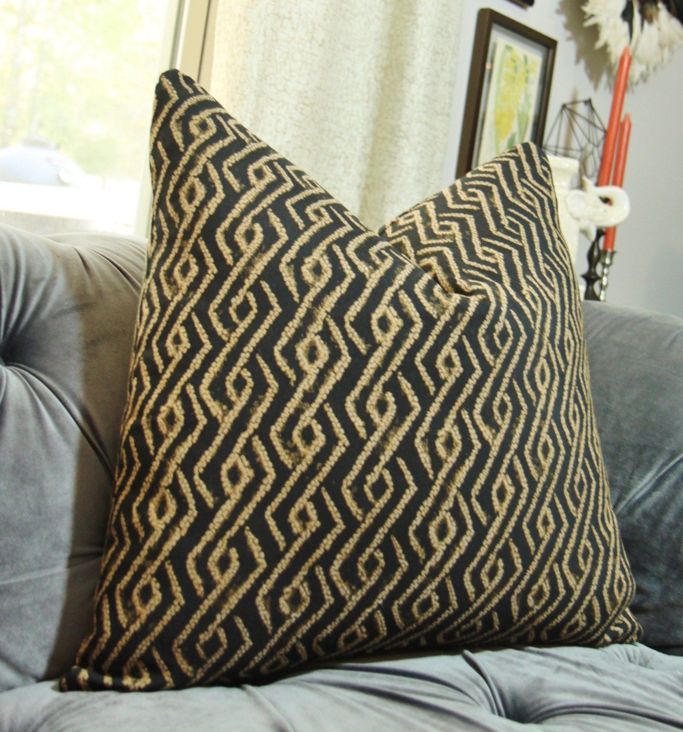Sale - Black and Gold Pillow Cover - Gold Block Print - Modern Black Pillow Cover - Ikat Stripe Diamond Geometric - African Mud Cloth Style