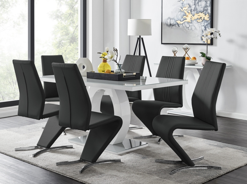 Scottsmoor Modern High Gloss Halo 6 Seater Dining Table Set with Luxury Faux Leather Dining Chairs
