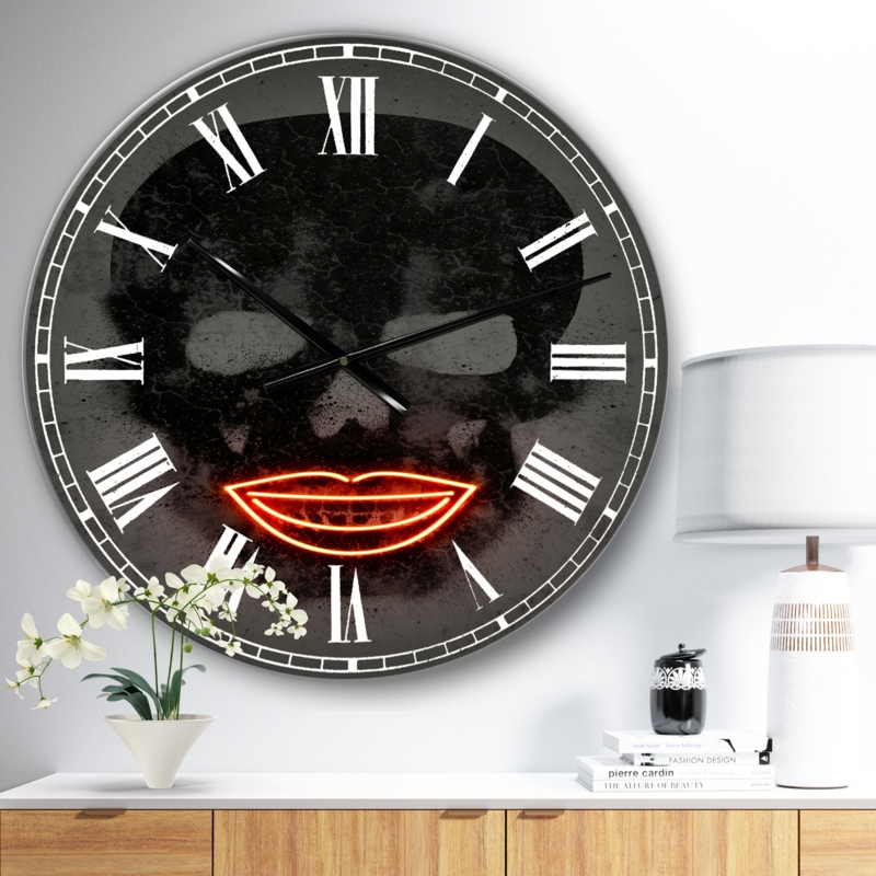 Smiling Red Lips Neon Skull - Large Modern Wall Clock