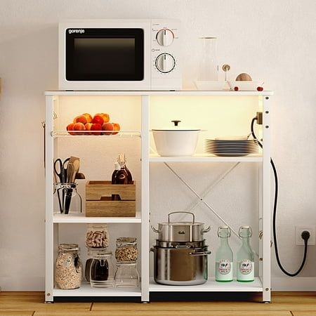 Sogespower Kitchen Trolley 3-Tier Muti-Functional Kitchen Baker Rack with USB Port and Light Strip- White, Size:32.7 inchH-USB