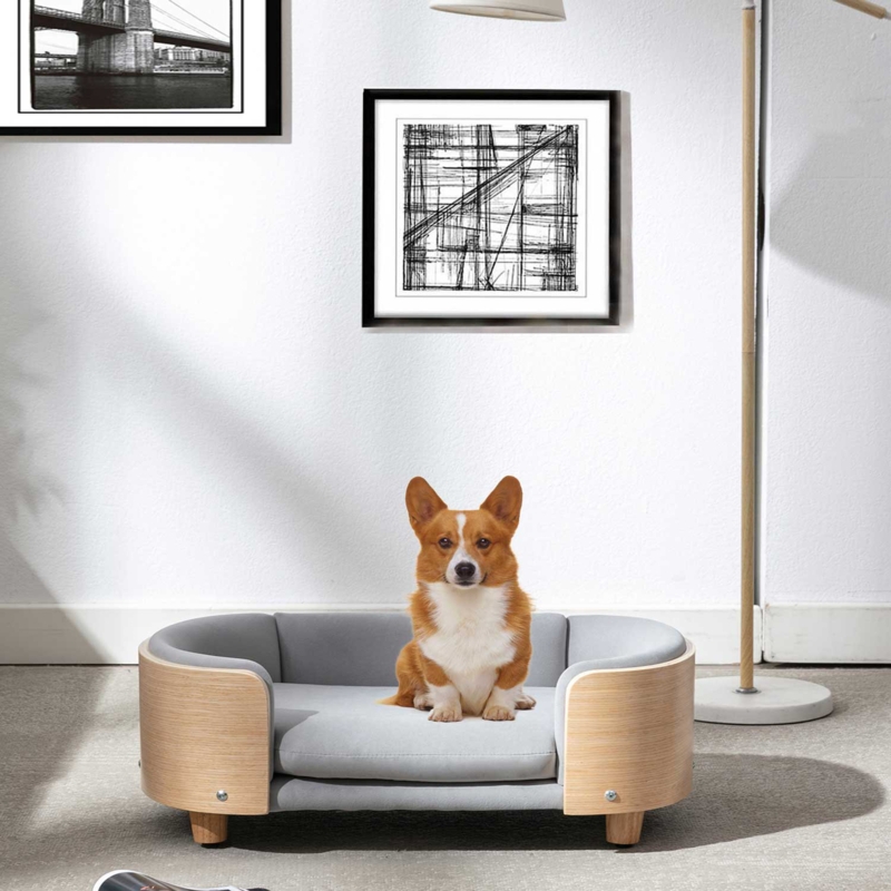 Solid Wood Dog Bed Pet Sofa Elevated Velvet Cushion Dog Bed With Washable Cushion,Small Size