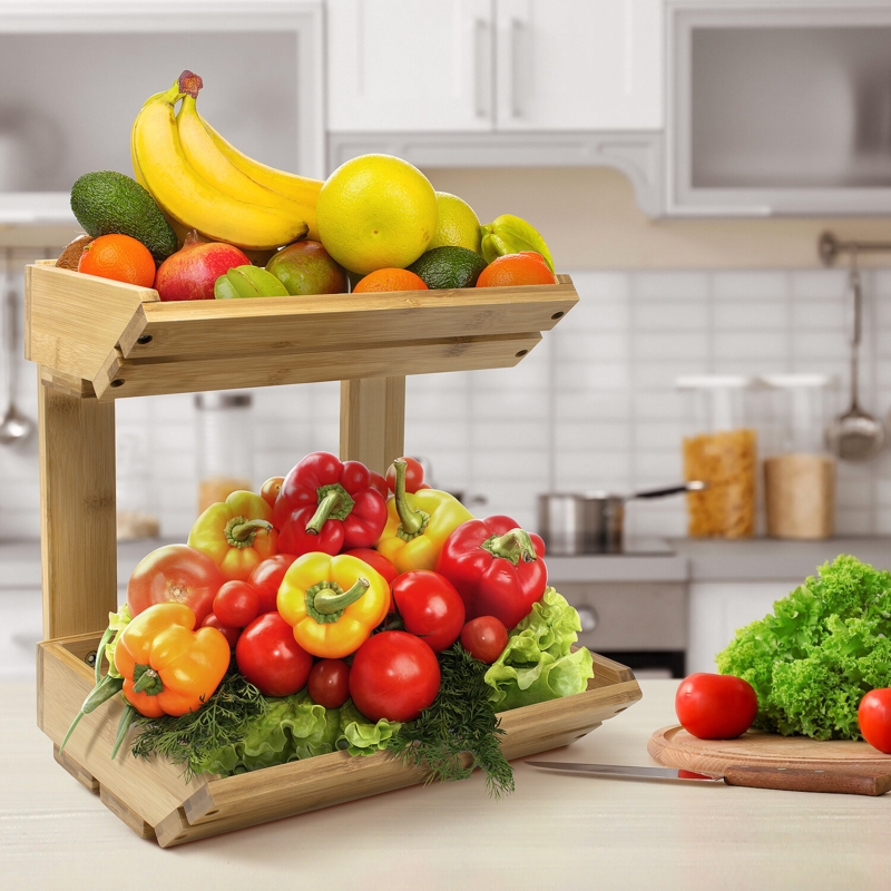 Sorbus Bamboo Fruit Vegetable Basket Kitchen Counter Stand 2 Tier Rack, Home Storage Tiered Bowl Display Tray Holder For Bread, Vegetables u0026 Snacks