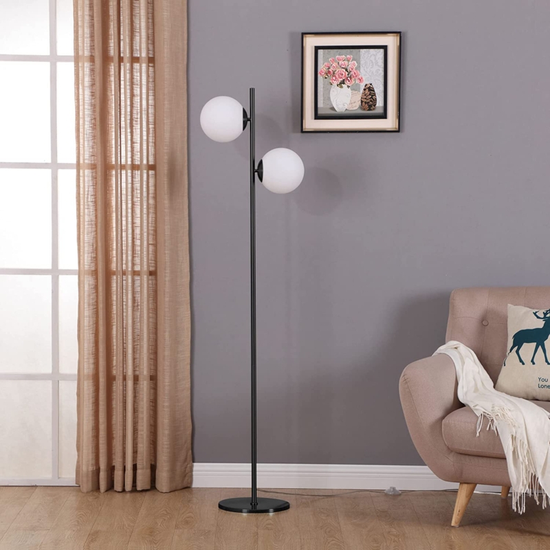 Sphere 65 in. Modern 2-Light LED Energy Efficient Floor Lamp with 2 Frosted Glass Globe Shades