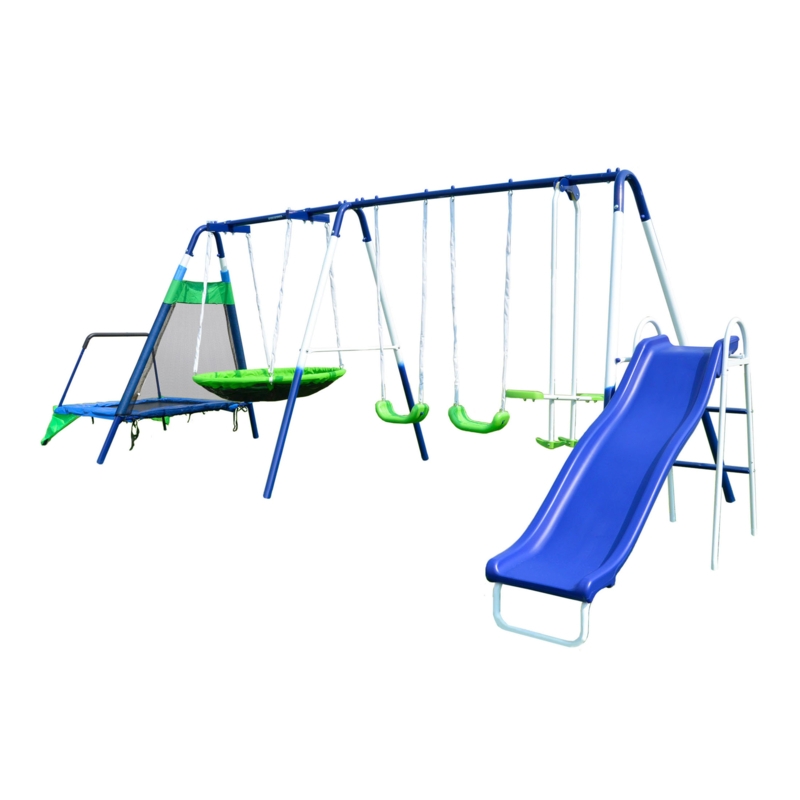 Sportspower Mountain View Metal Swing Set with Glide Ride, Saucer, Trampoline, and Lifetime Warranty