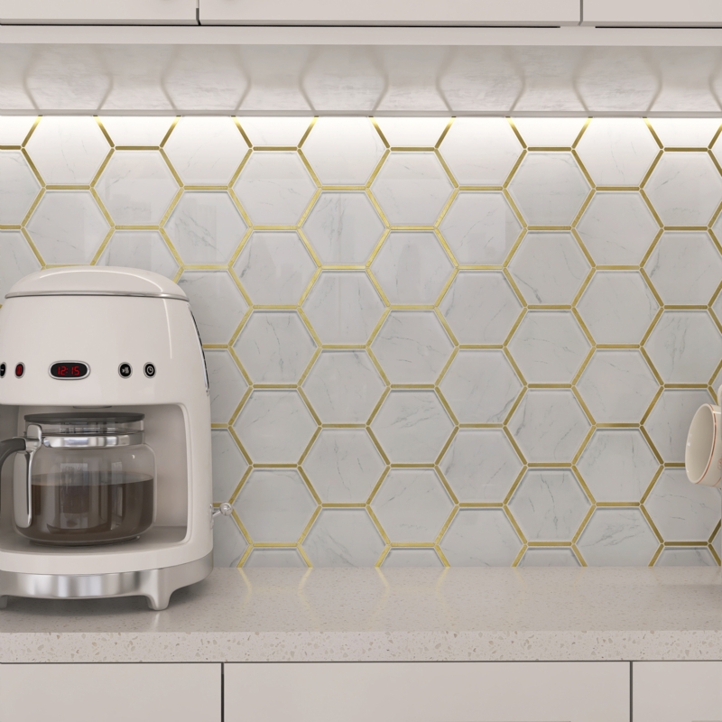 Super White Calacatta Color Crystal Glass Gold Metal Trim Hexagon Mosaic Sheet Tile By Modket